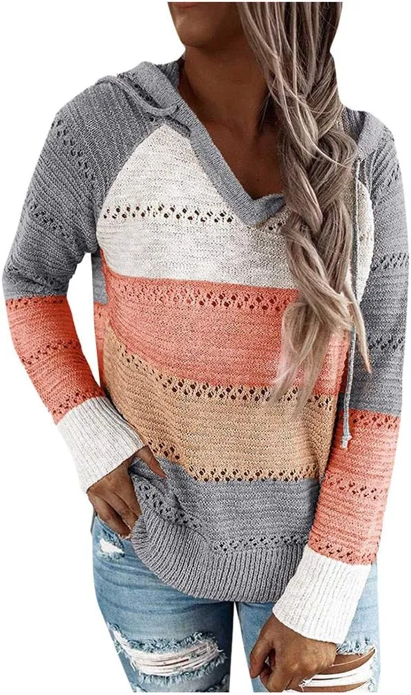Women Color Block Hooded Sweater Oversized Drawstring Knit Lightweight Winter Clothes Casual Pullover Sweaters Tops