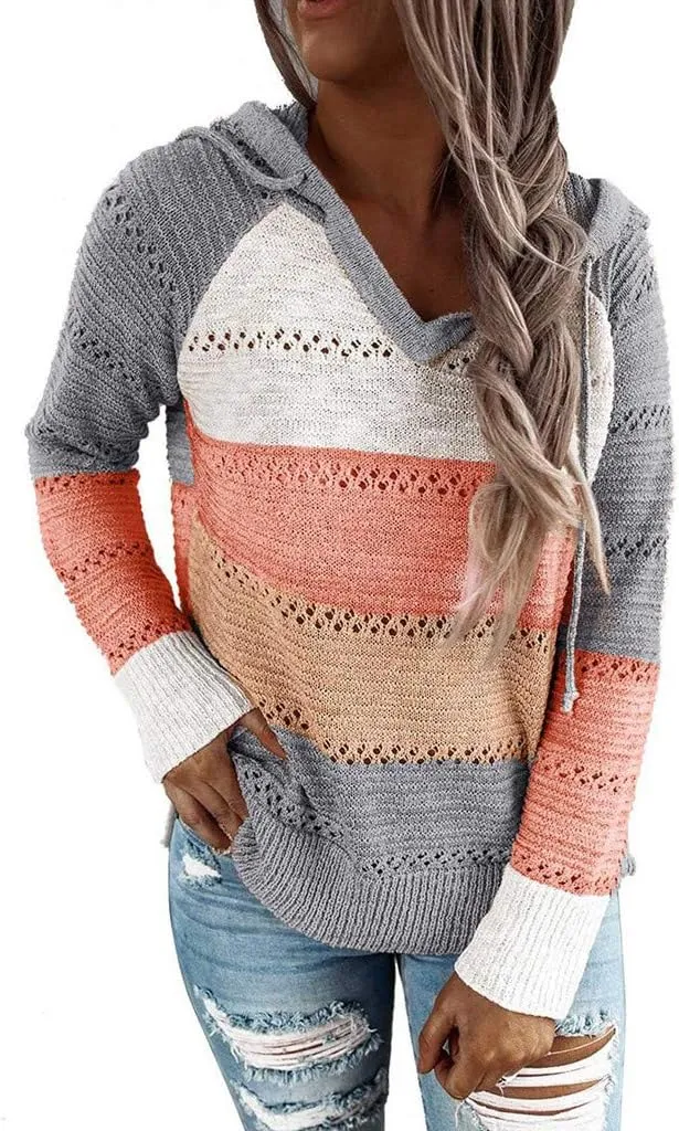 Women Color Block Hooded Sweater Oversized Drawstring Knit Lightweight Winter Clothes Casual Pullover Sweaters Tops