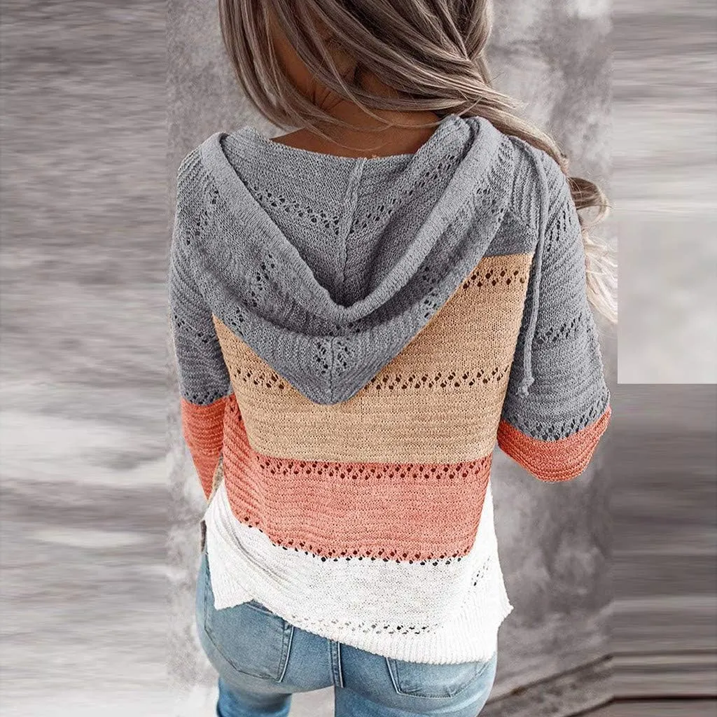 Women Color Block Hooded Sweater Oversized Drawstring Knit Lightweight Winter Clothes Casual Pullover Sweaters Tops