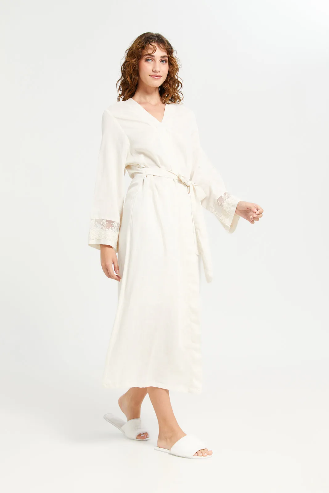 Women Cream Embellished Front Lace Nightgown
