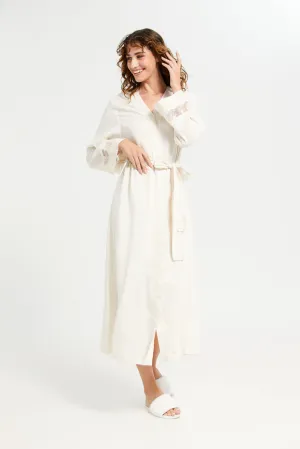 Women Cream Embellished Front Lace Nightgown