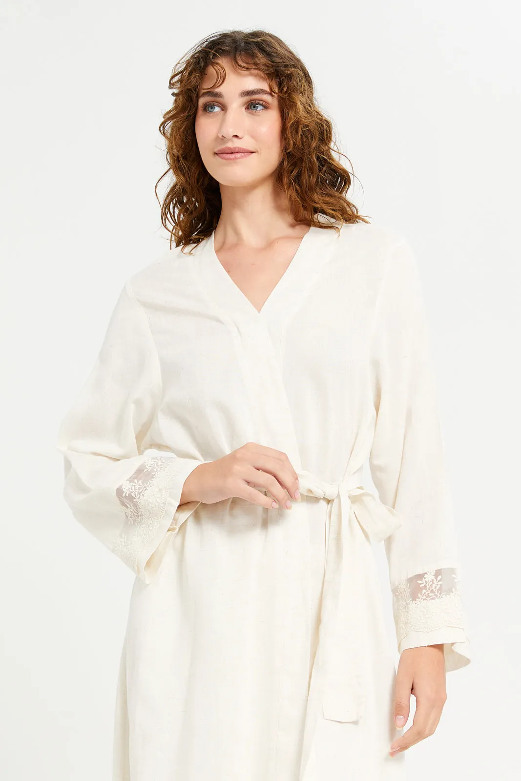 Women Cream Embellished Front Lace Nightgown