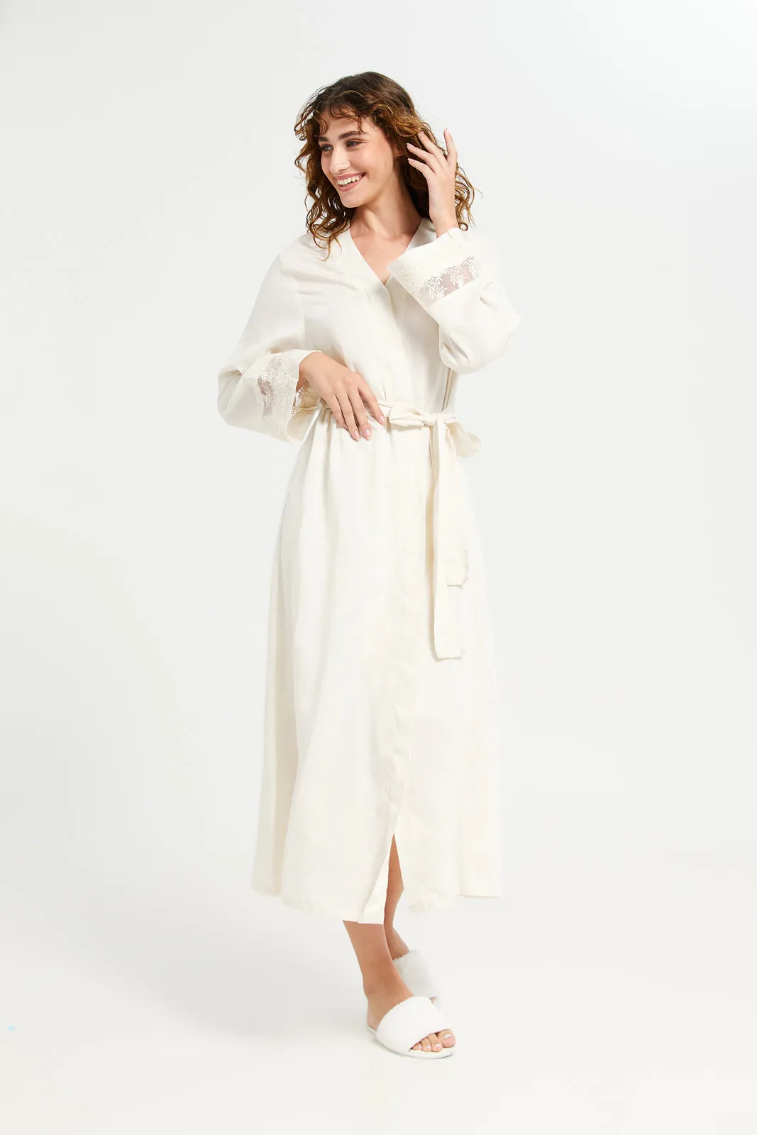 Women Cream Embellished Front Lace Nightgown