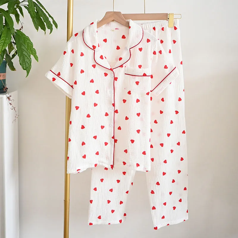 Women Crepe Cotton Lapel Short Sleeve Shorts Pajamas Suit Lounge wear
