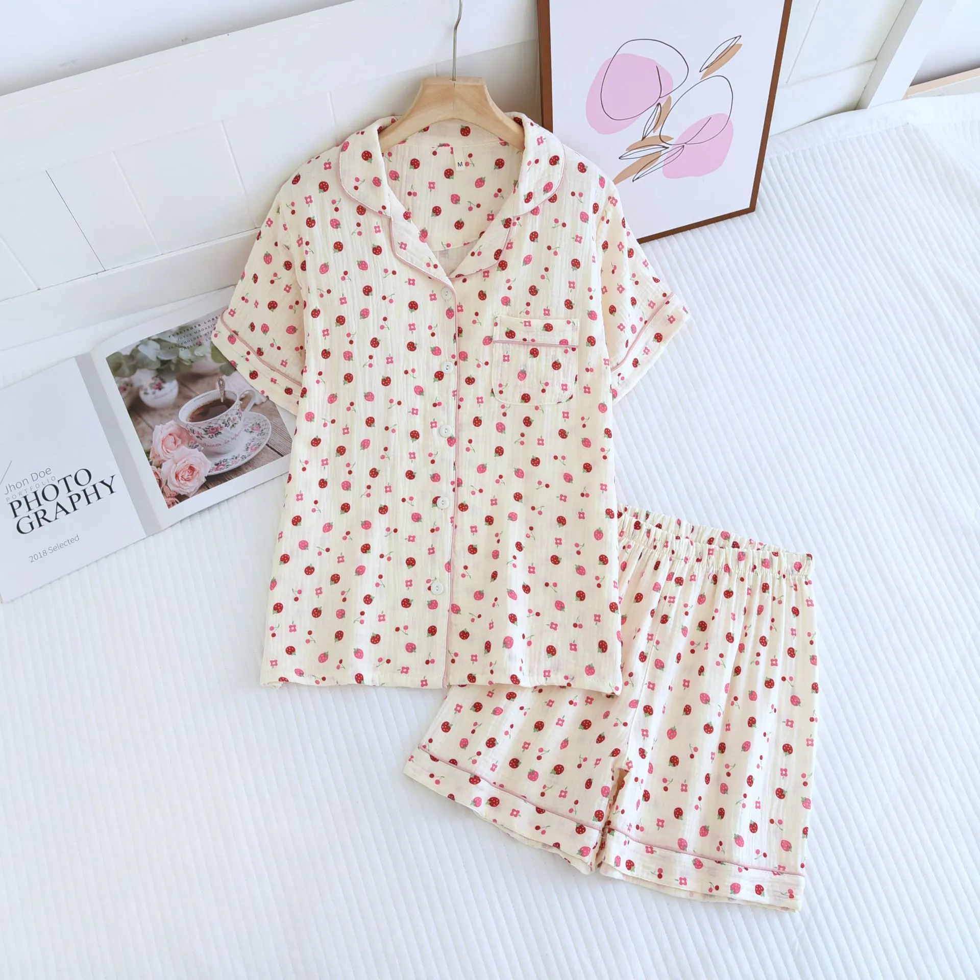 Women Crepe Cotton Lapel Short Sleeve Shorts Pajamas Suit Lounge wear