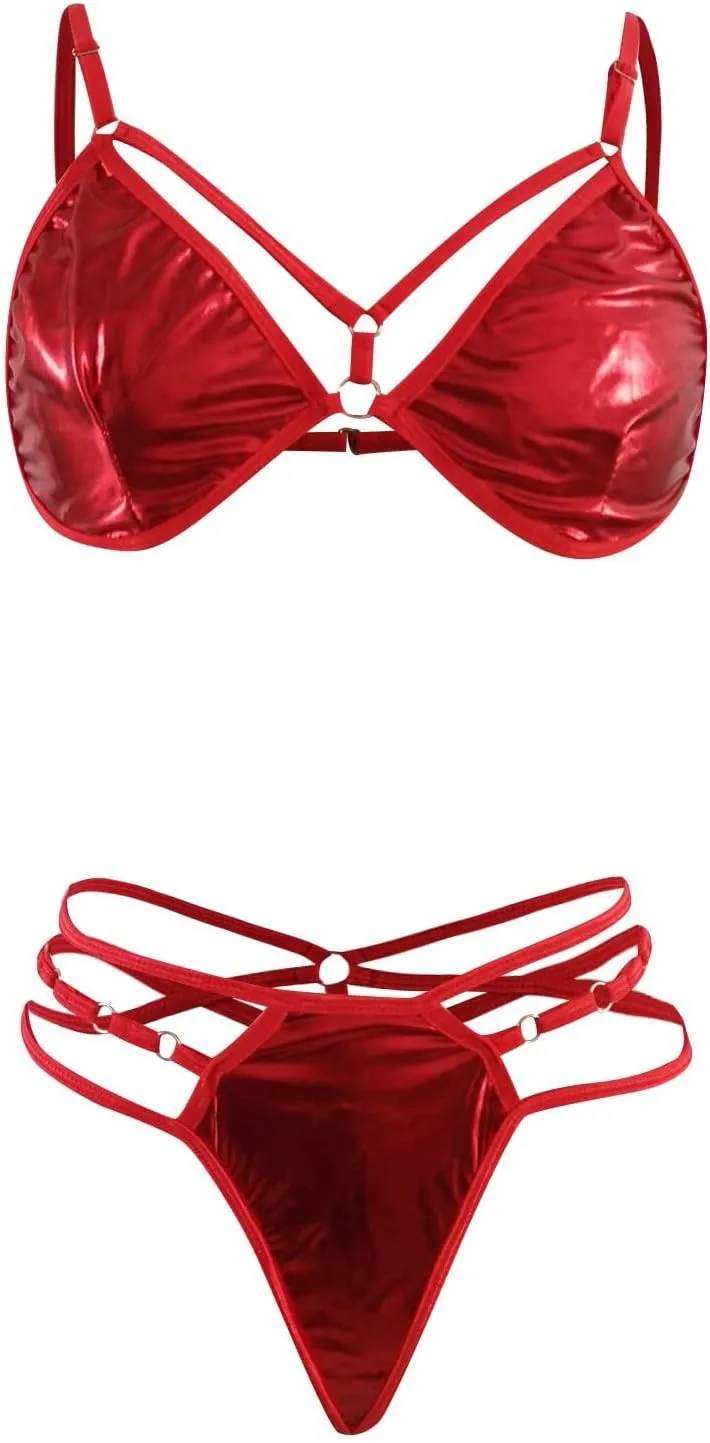 Women Fashion Lingerie 2pack PU Leather Harness Set with Chain Linked Hand Ring Silk Skirt