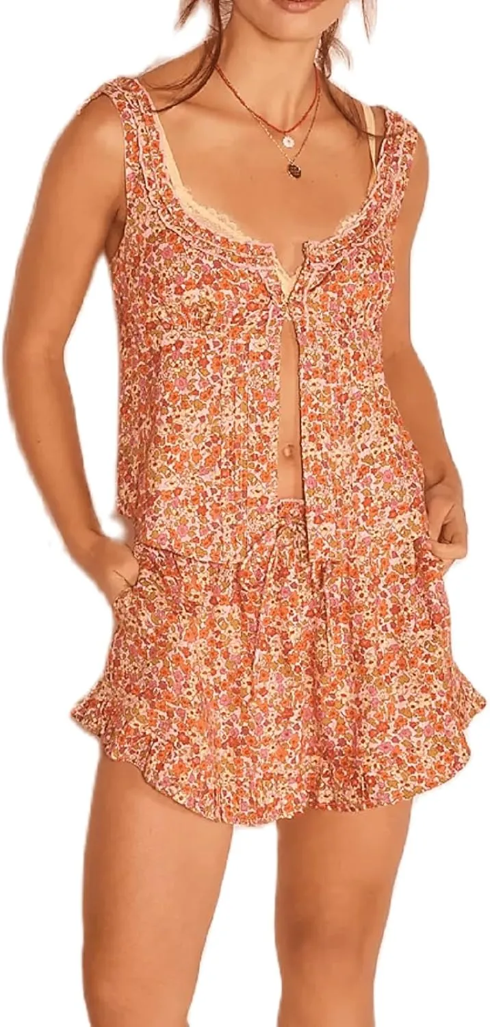 Women Floral 2 Piece Mini Skirt Set Ruffle Hem Smocked Tank Top High Waisted Flowy Mini Skirts Beach Streetwear