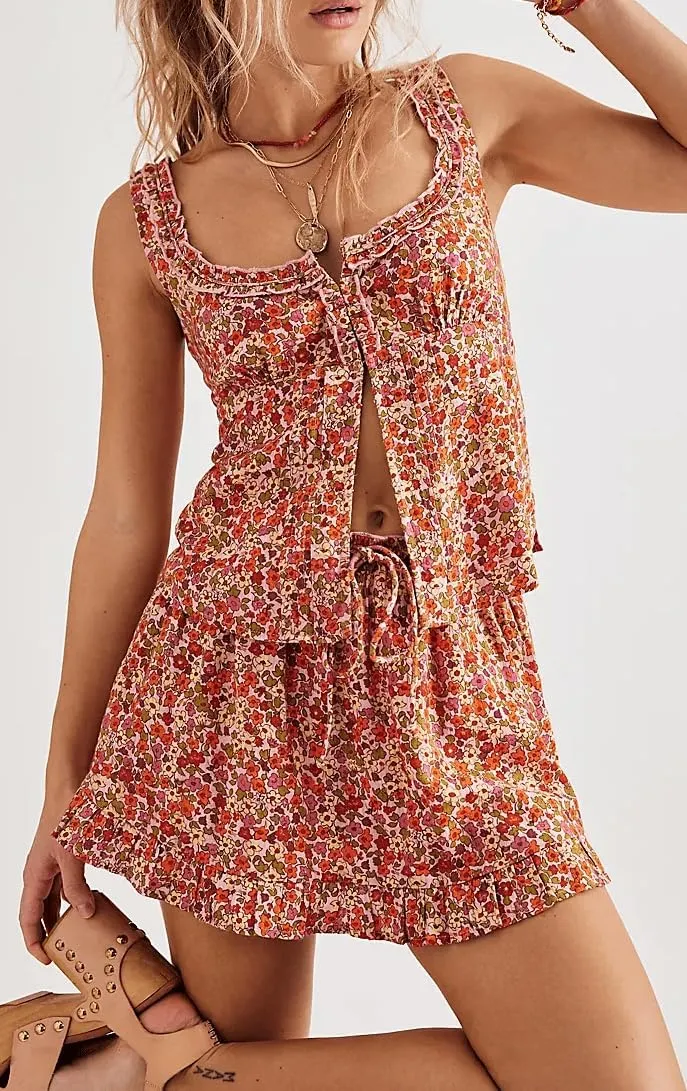 Women Floral 2 Piece Mini Skirt Set Ruffle Hem Smocked Tank Top High Waisted Flowy Mini Skirts Beach Streetwear