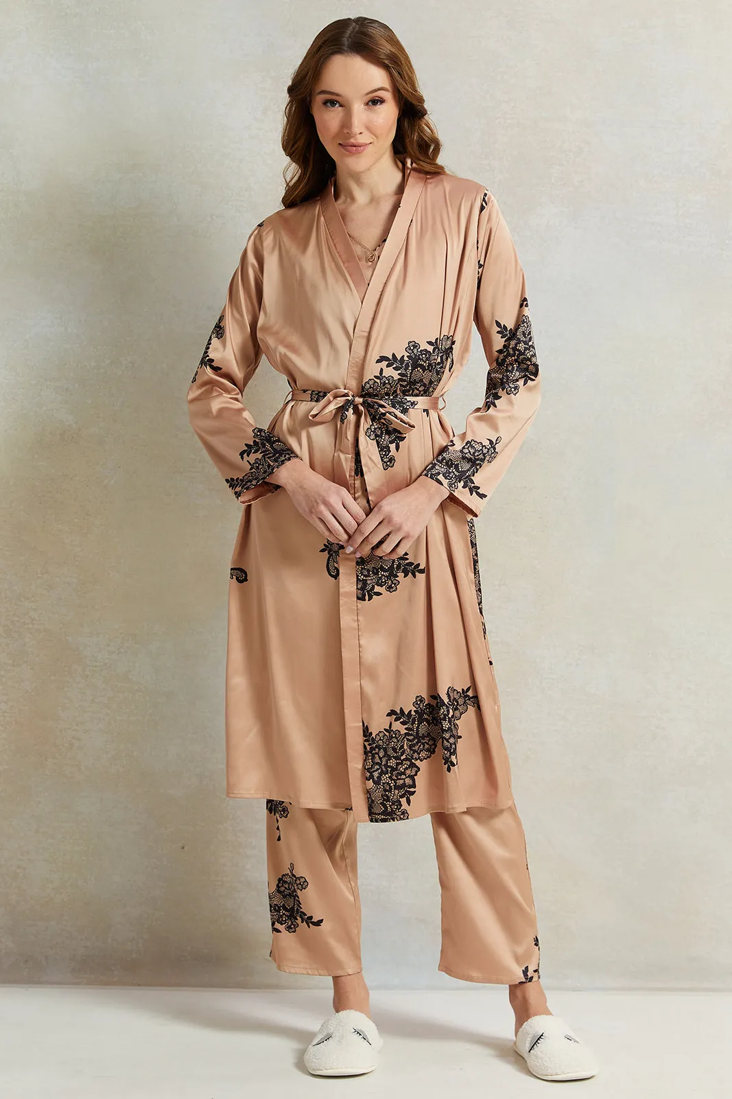 Women Gold Lace Printed Long Sleeve Robe