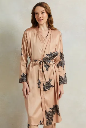 Women Gold Lace Printed Long Sleeve Robe