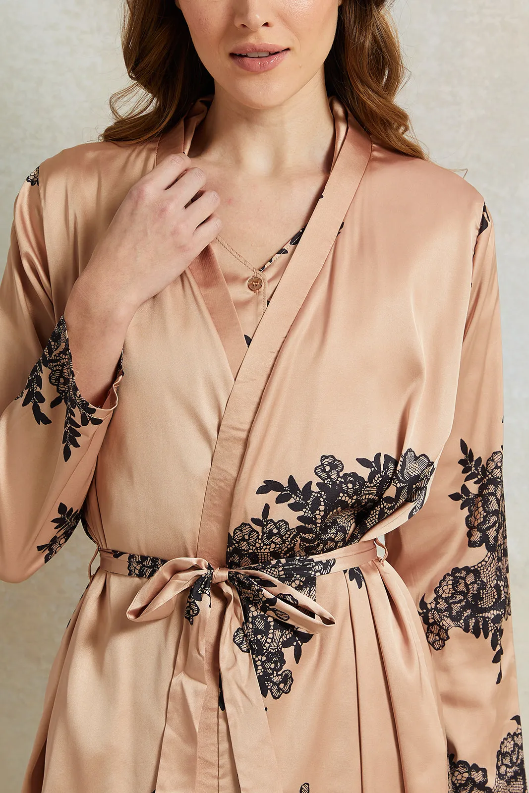 Women Gold Lace Printed Long Sleeve Robe