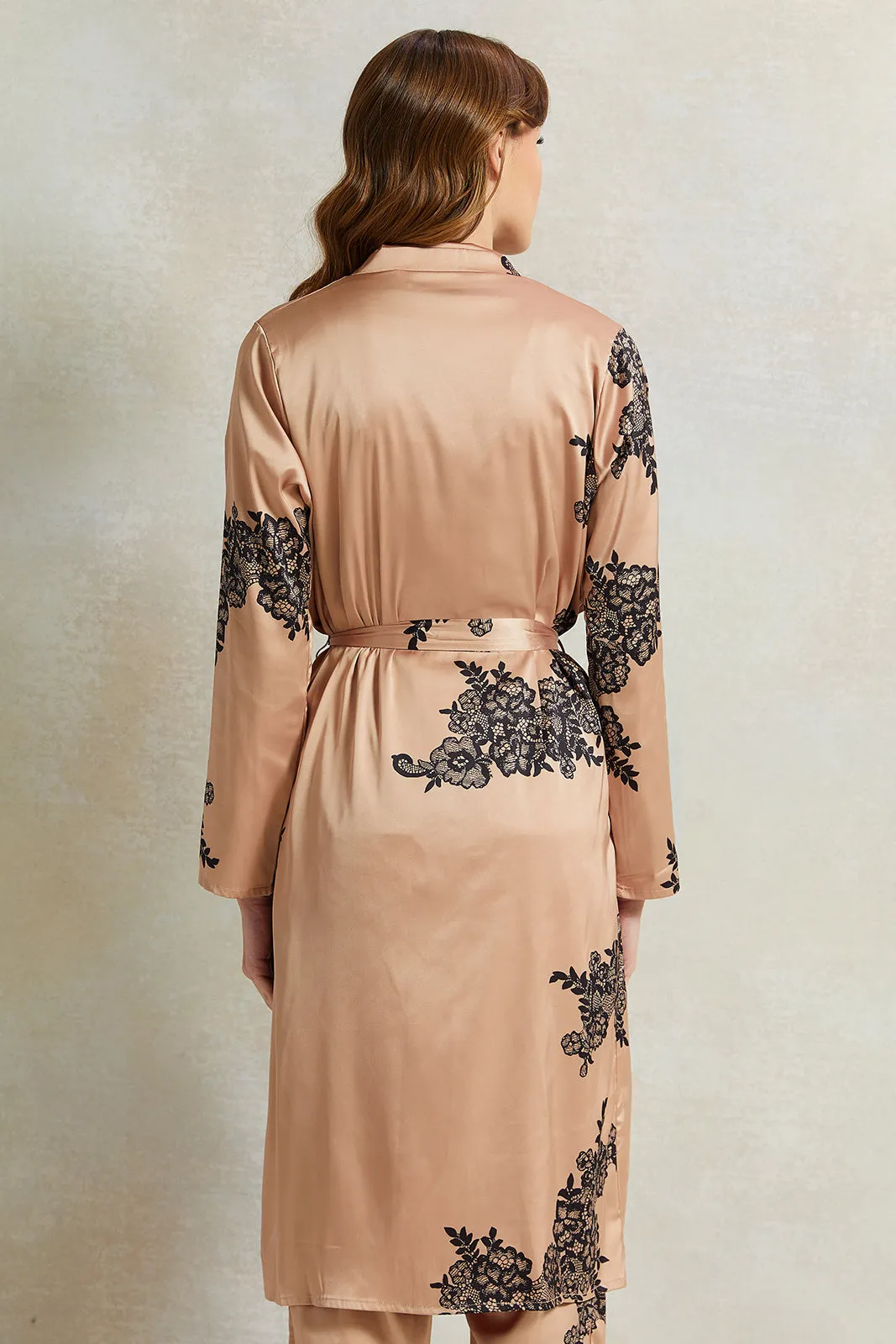 Women Gold Lace Printed Long Sleeve Robe