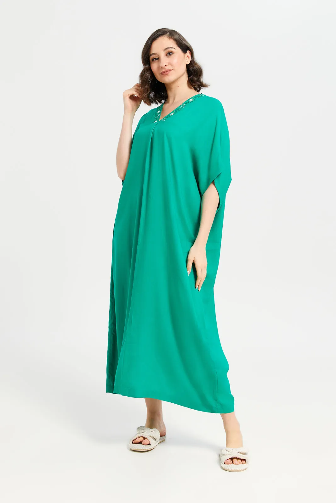 Women Green Embroidery Kaftan Nightgown