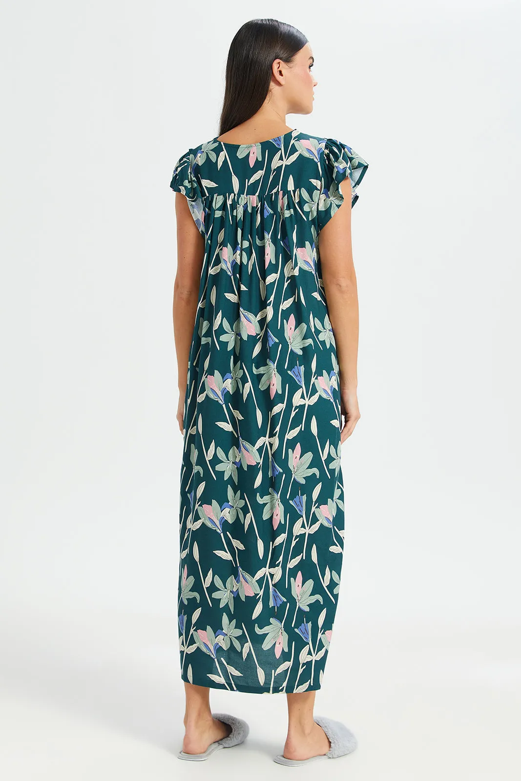 Women Green Floral Print Cap Sleeves Nightgown