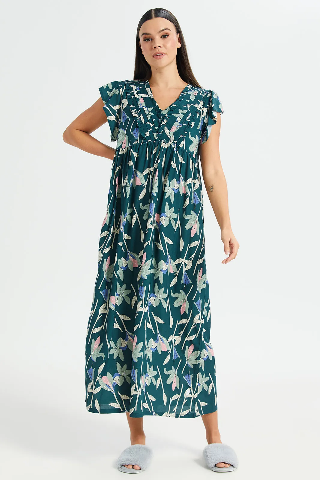 Women Green Floral Print Cap Sleeves Nightgown