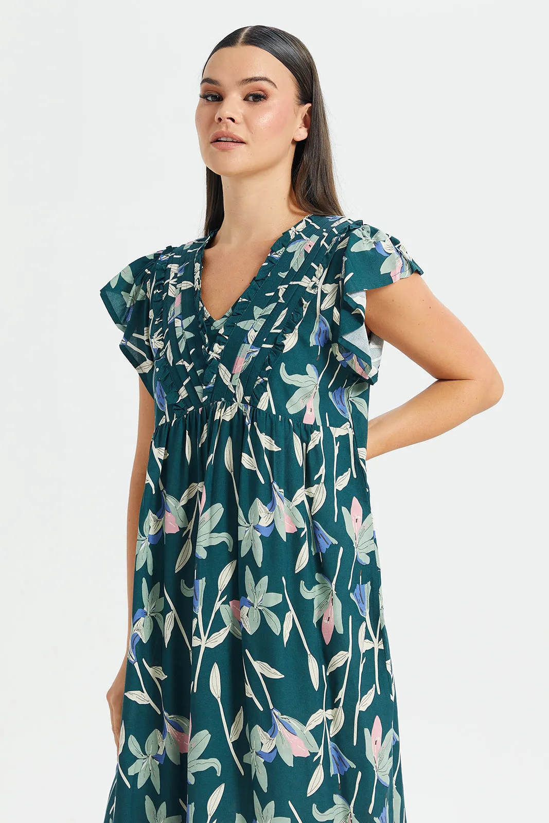 Women Green Floral Print Cap Sleeves Nightgown