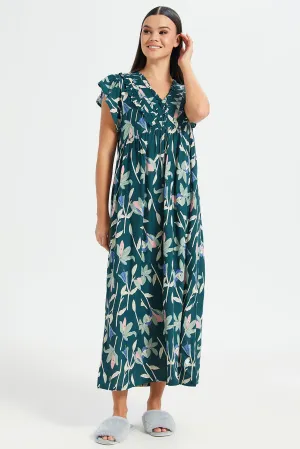 Women Green Floral Print Cap Sleeves Nightgown