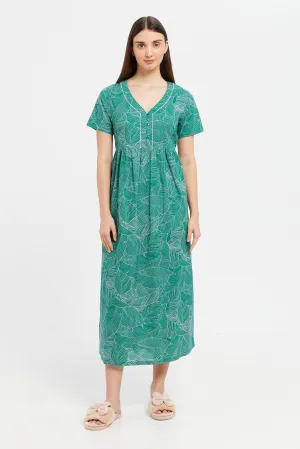 Women Green Printed V-Shape Nightgown