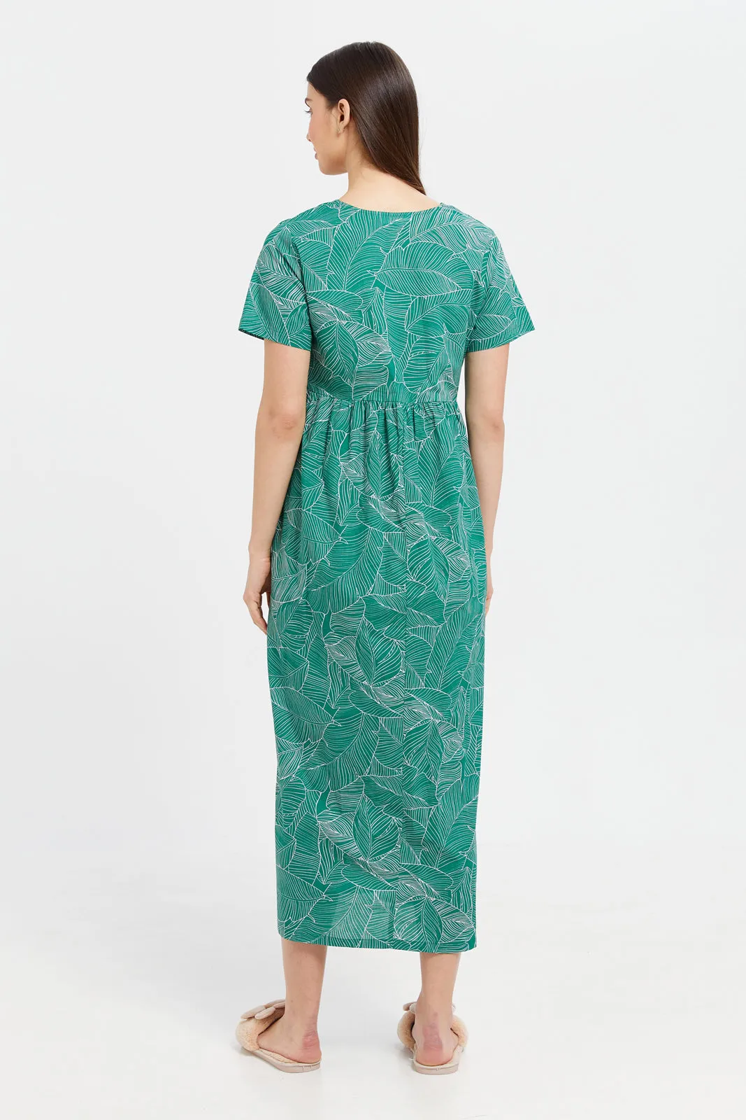 Women Green Printed V-Shape Nightgown