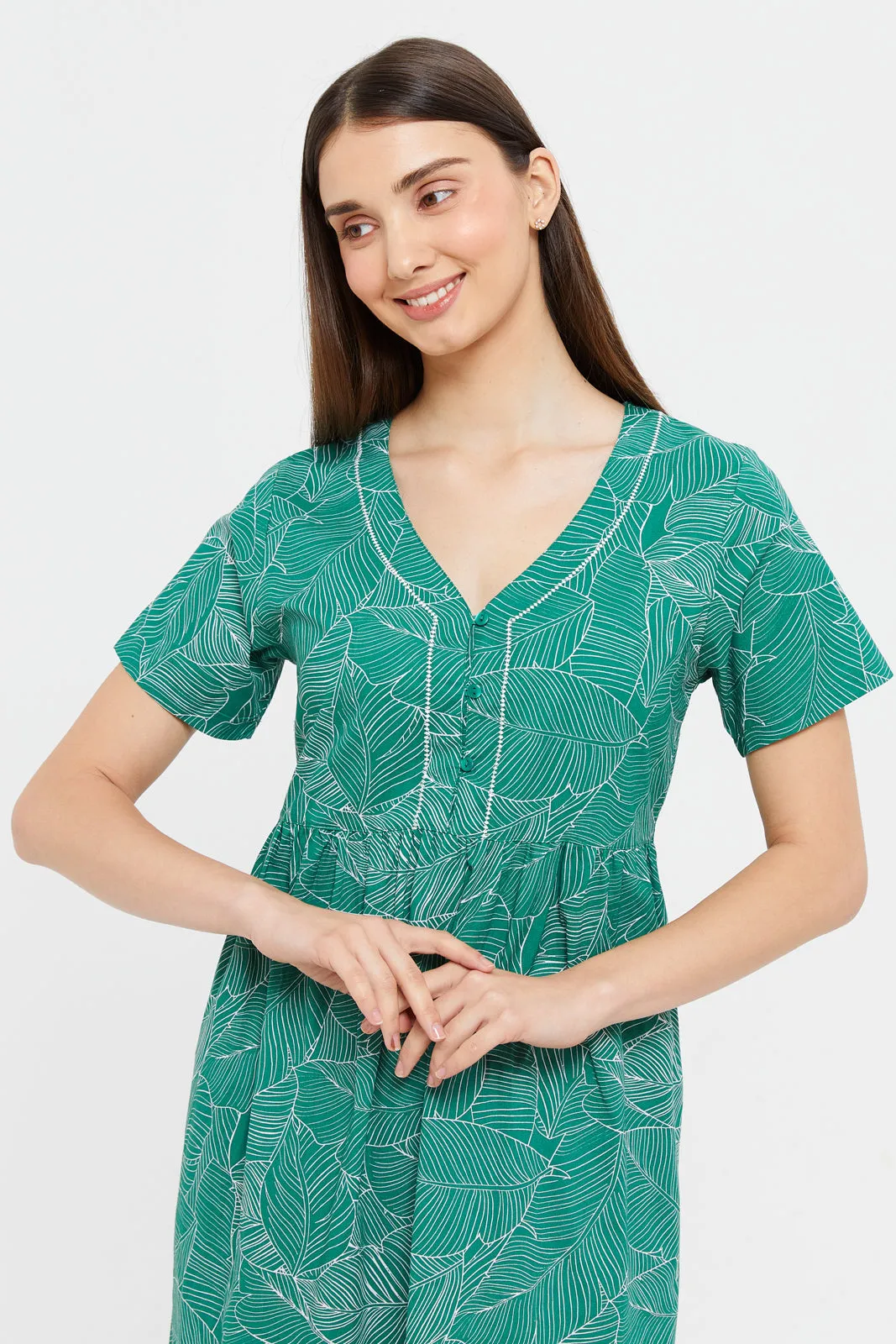 Women Green Printed V-Shape Nightgown