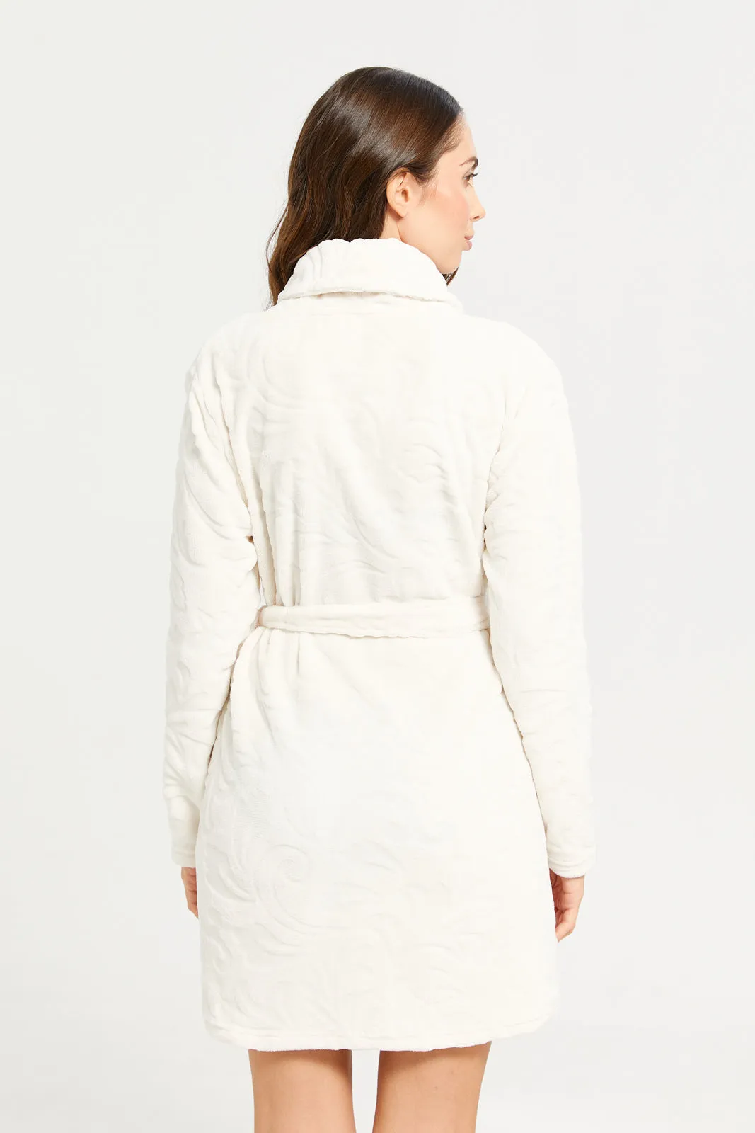Women Ivory Jacquard Fur Robe With Drawstring Waist