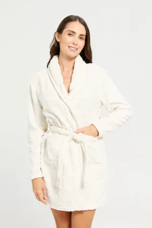 Women Ivory Jacquard Fur Robe With Drawstring Waist