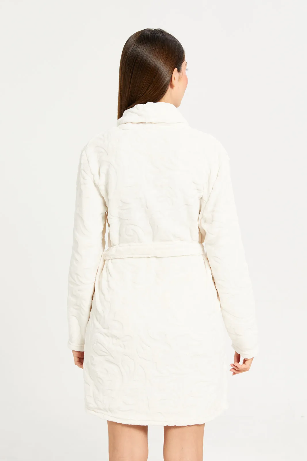 Women Ivory Jacquard Fur Robe With Drawstring Waist