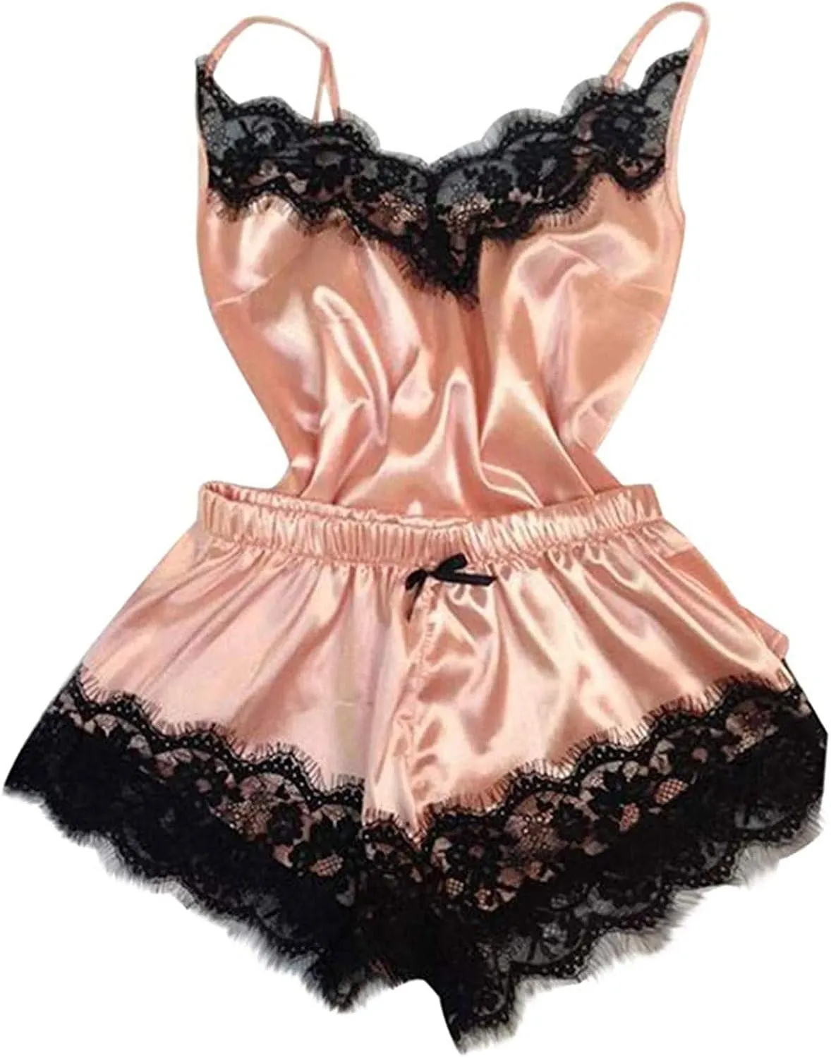 Women Lace Sleepwear 2 Piece Pajamas Set Sexy Lingerie Cami Shorts Set Spaghetti Strap Nightwear Soft Loungewear