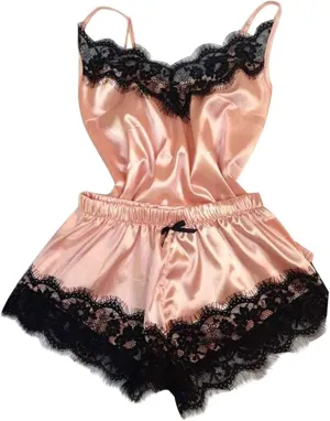 Women Lace Sleepwear 2 Piece Pajamas Set Sexy Lingerie Cami Shorts Set Spaghetti Strap Nightwear Soft Loungewear