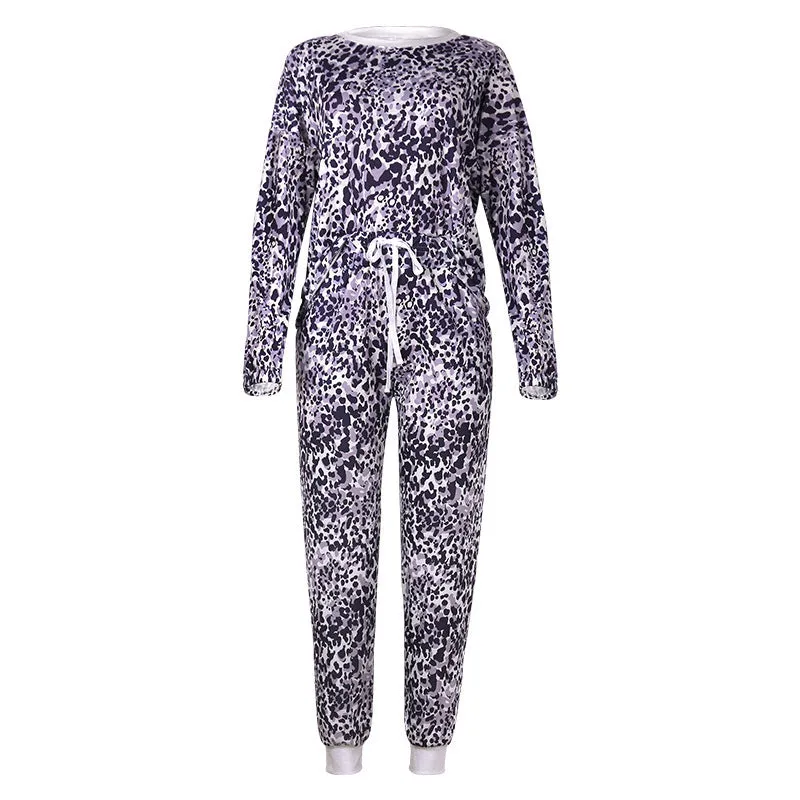 Women Leopard Print Tie Dye 2 Piece Pajamas V-Neck Long Sleeve Drawstring Pants Pockets