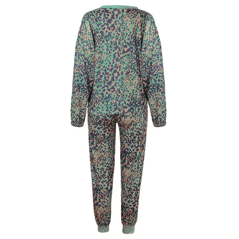 Women Leopard Print Tie Dye 2 Piece Pajamas V-Neck Long Sleeve Drawstring Pants Pockets