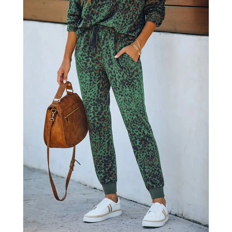 Women Leopard Print Tie Dye 2 Piece Pajamas V-Neck Long Sleeve Drawstring Pants Pockets