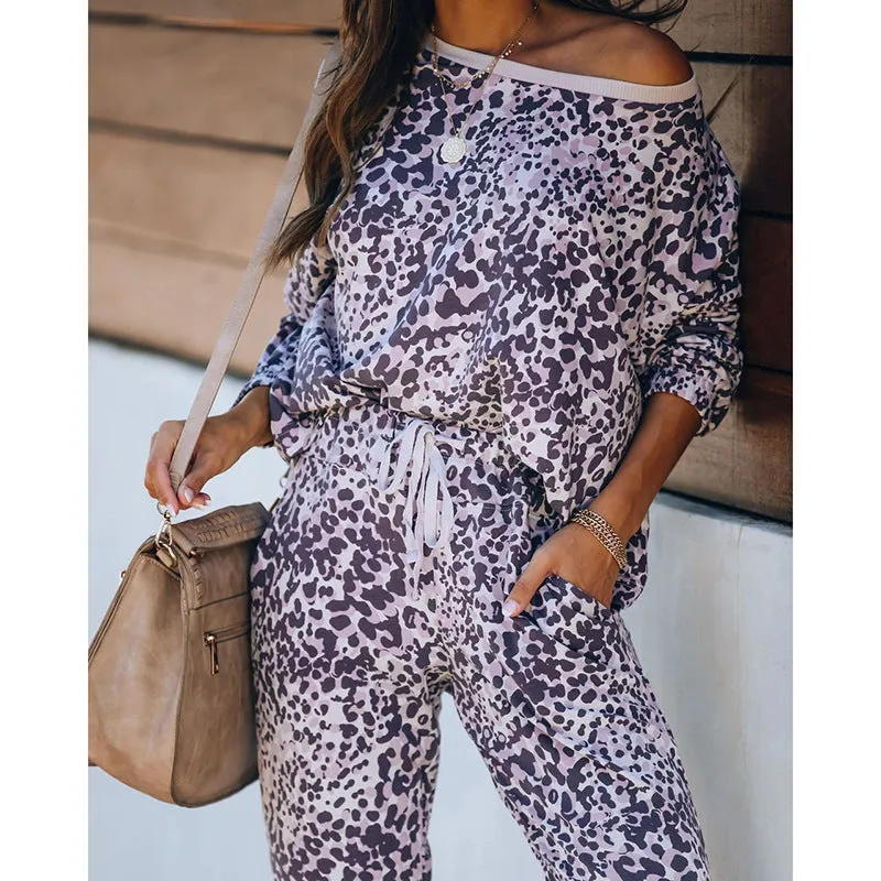 Women Leopard Print Tie Dye 2 Piece Pajamas V-Neck Long Sleeve Drawstring Pants Pockets