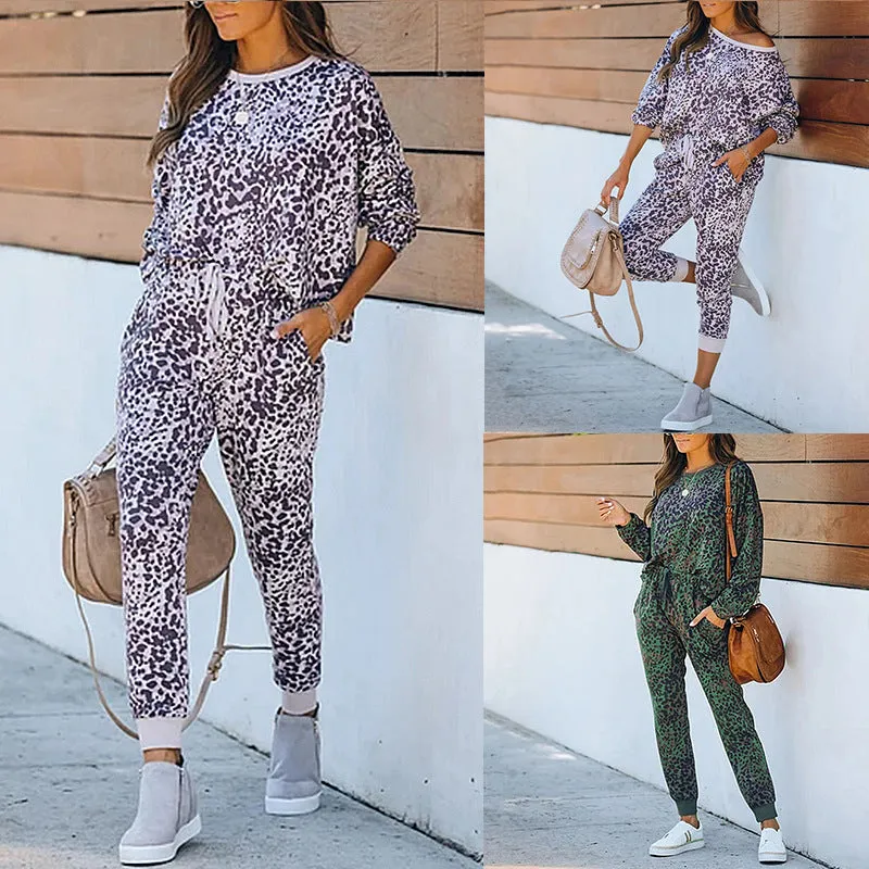 Women Leopard Print Tie Dye 2 Piece Pajamas V-Neck Long Sleeve Drawstring Pants Pockets