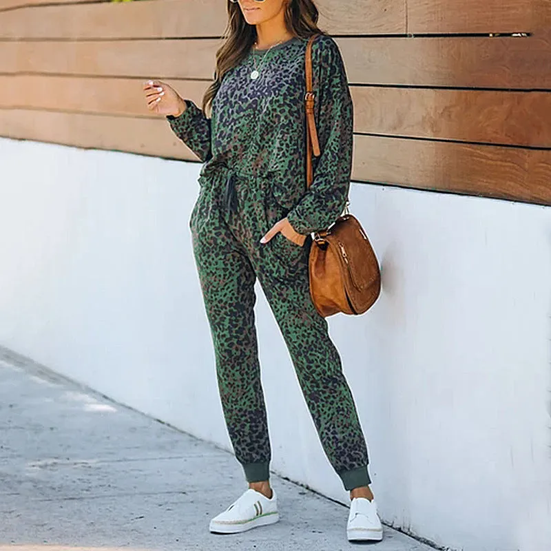 Women Leopard Print Tie Dye 2 Piece Pajamas V-Neck Long Sleeve Drawstring Pants Pockets