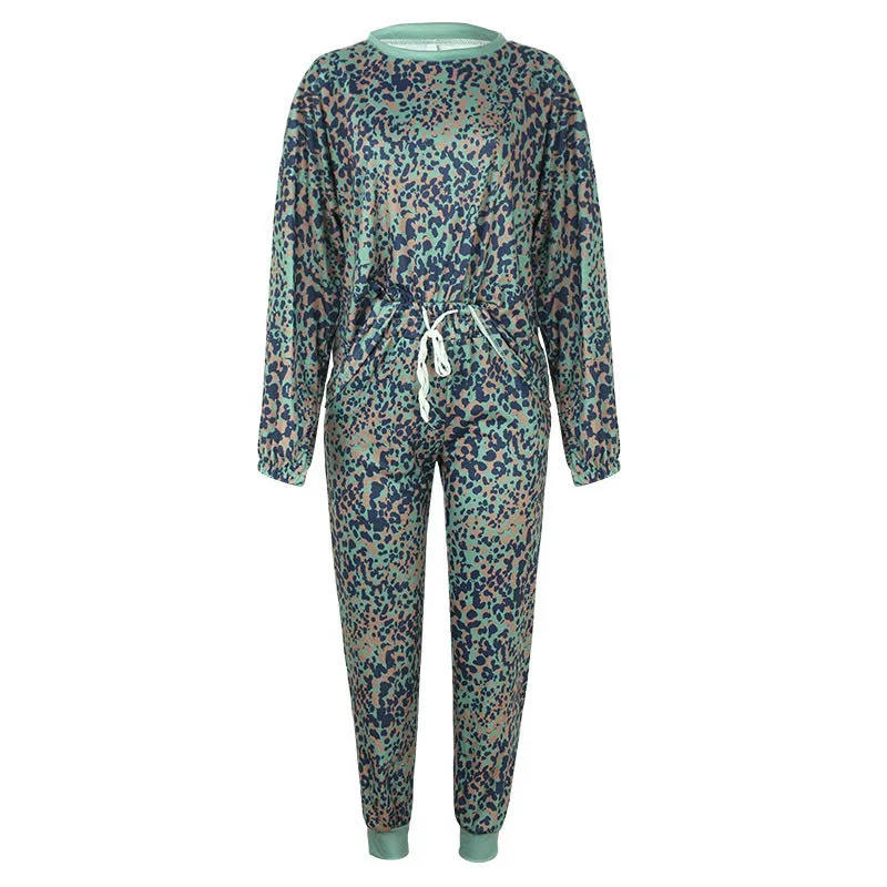 Women Leopard Print Tie Dye 2 Piece Pajamas V-Neck Long Sleeve Drawstring Pants Pockets