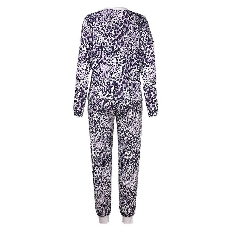 Women Leopard Print Tie Dye 2 Piece Pajamas V-Neck Long Sleeve Drawstring Pants Pockets