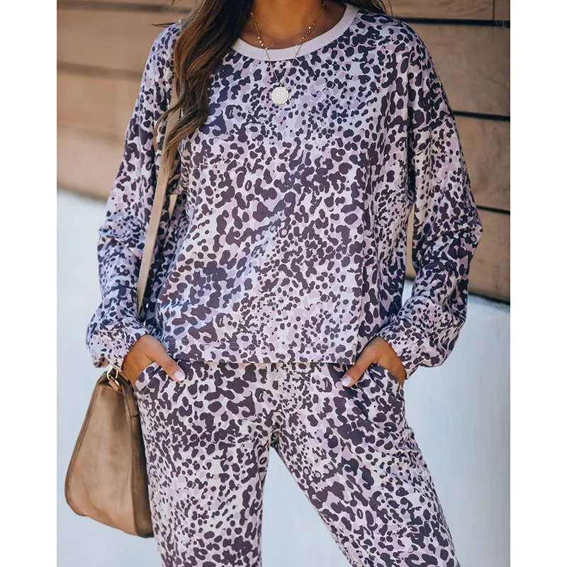 Women Leopard Print Tie Dye 2 Piece Pajamas V-Neck Long Sleeve Drawstring Pants Pockets