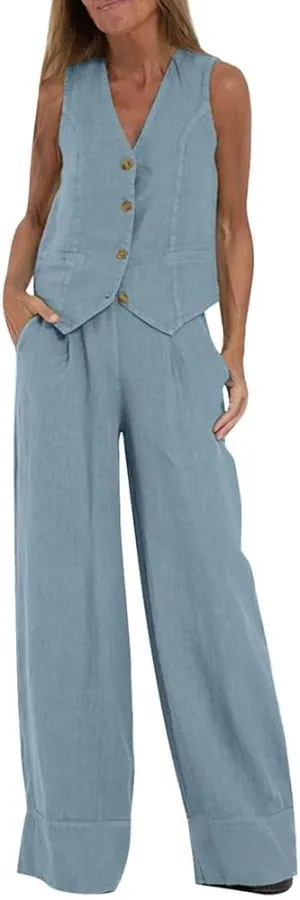 Women Linen Cotton Vest Pants Set Cotton Sleeveless Vest Tank Crop Top Wide Leg Pantsuit