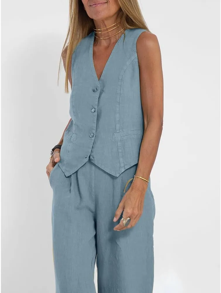 Women Linen Cotton Vest Pants Set Cotton Sleeveless Vest Tank Crop Top Wide Leg Pantsuit