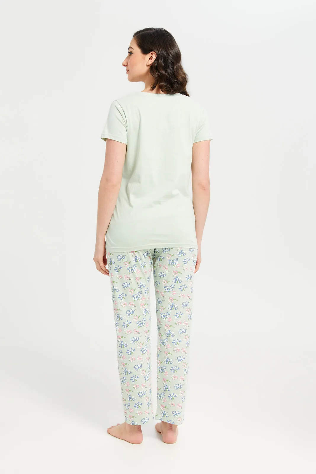 Women Mint Printed Round Neck Pyjama Set (2 Piece)