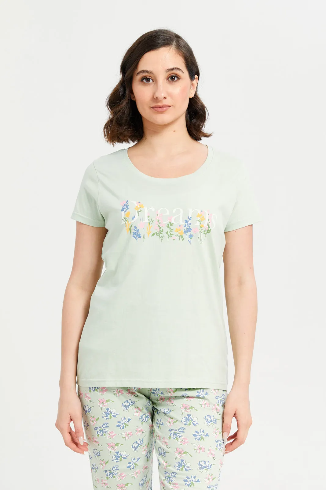 Women Mint Printed Round Neck Pyjama Set (2 Piece)
