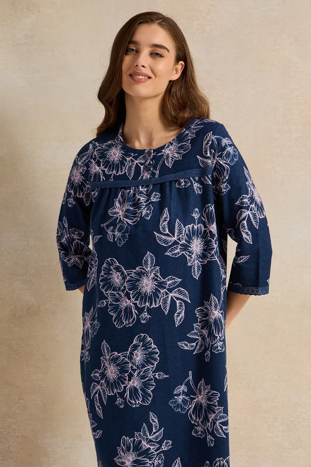Women Navy  Long Sleeves Flannel Ninghtgown