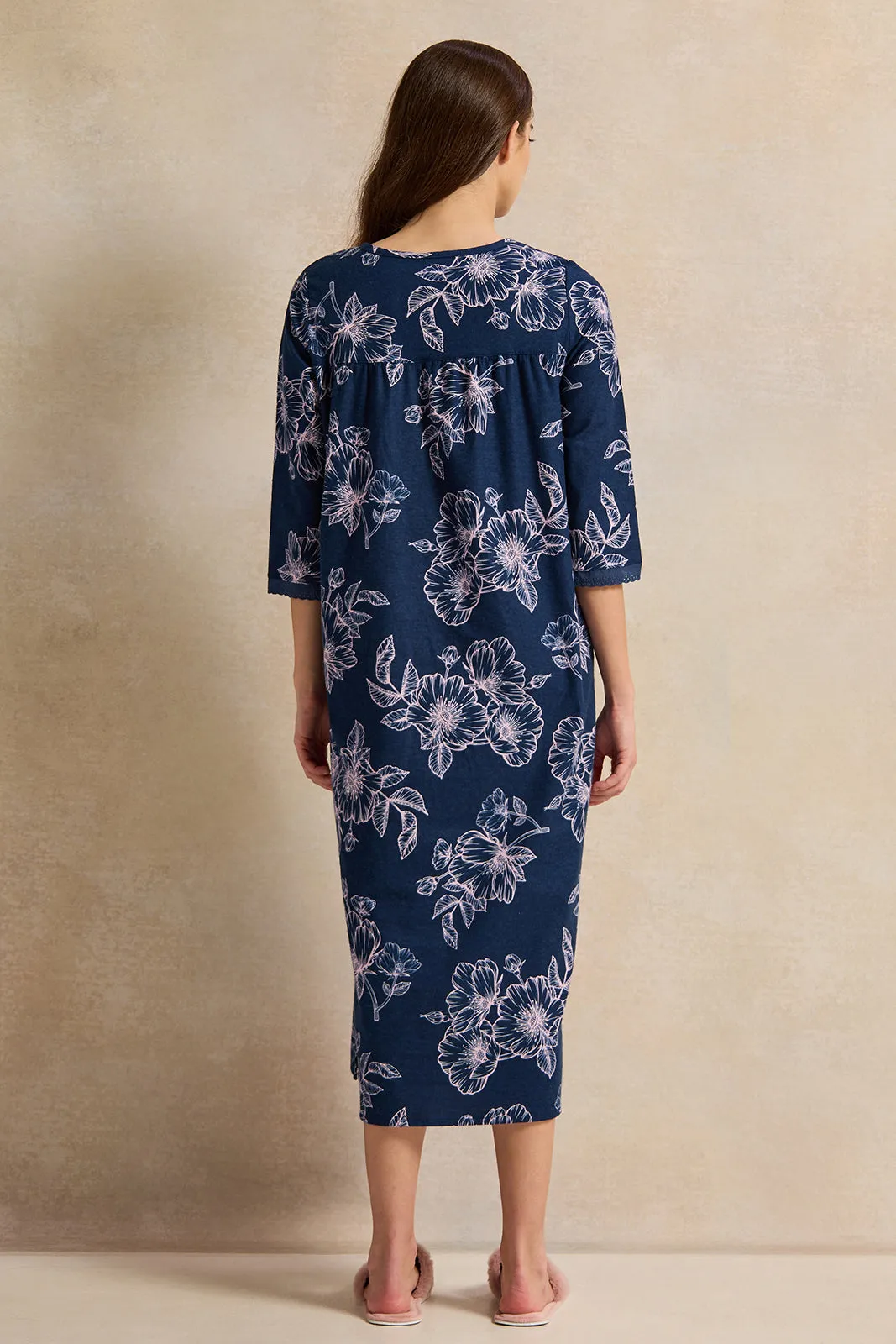 Women Navy  Long Sleeves Flannel Ninghtgown