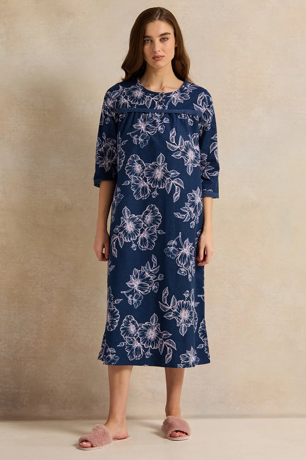 Women Navy  Long Sleeves Flannel Ninghtgown