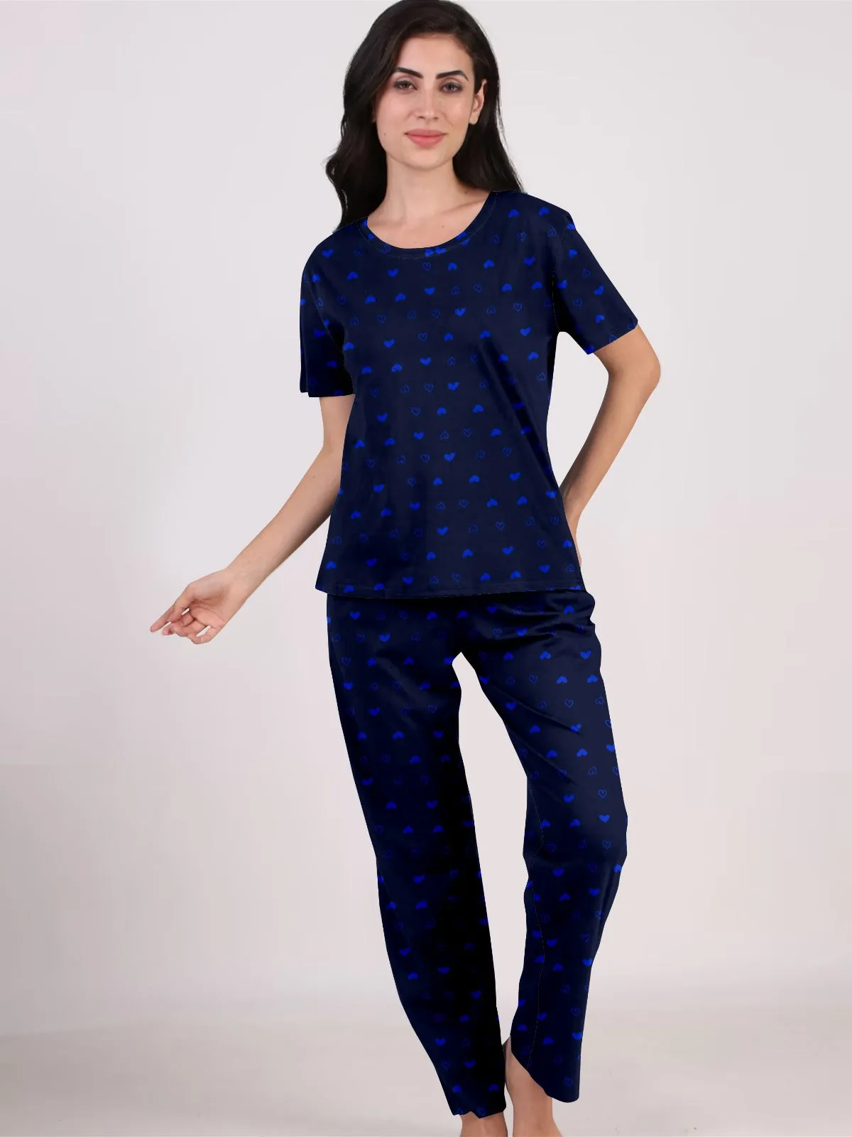 Women Night Suit Set Graphic Print (Navy Blue)