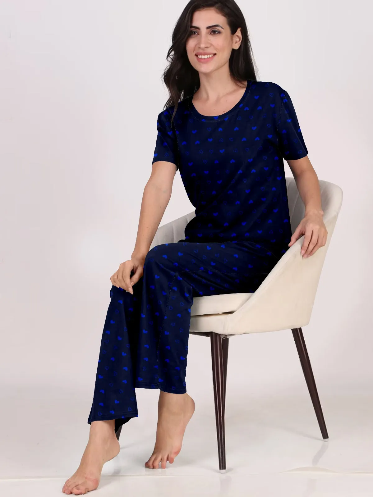 Women Night Suit Set Graphic Print (Navy Blue)
