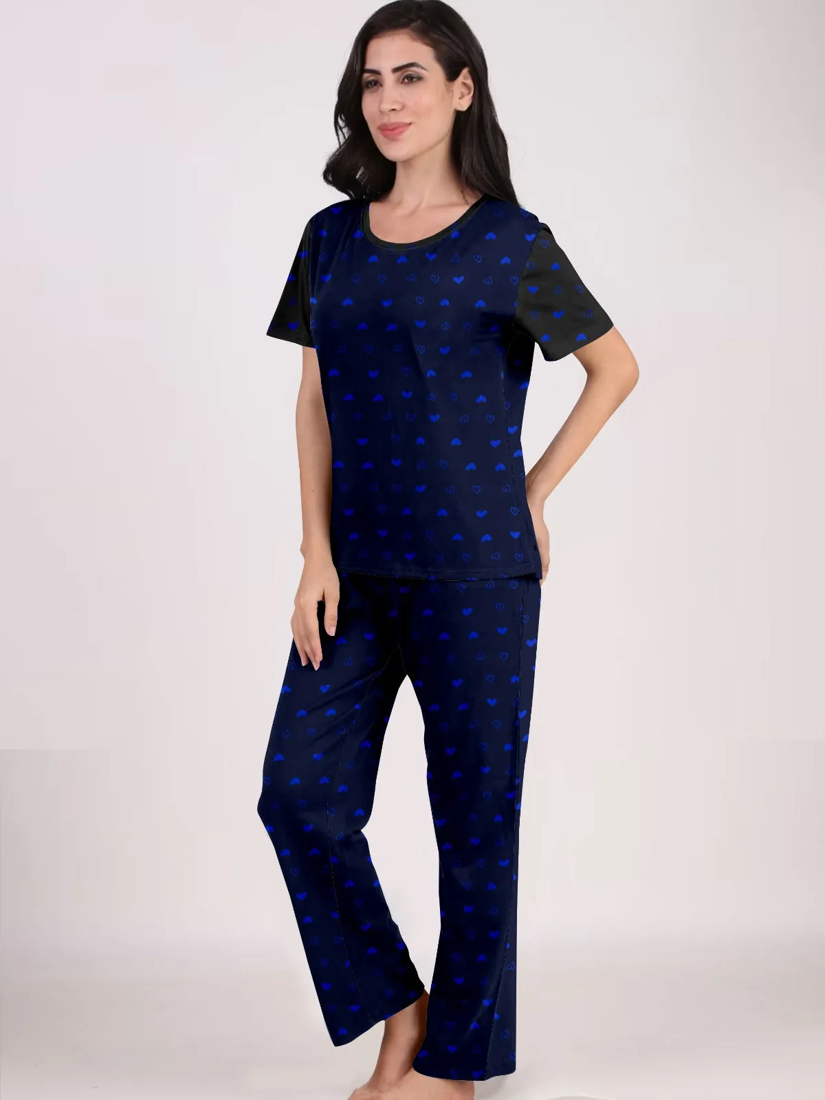 Women Night Suit Set Graphic Print (Navy Blue)