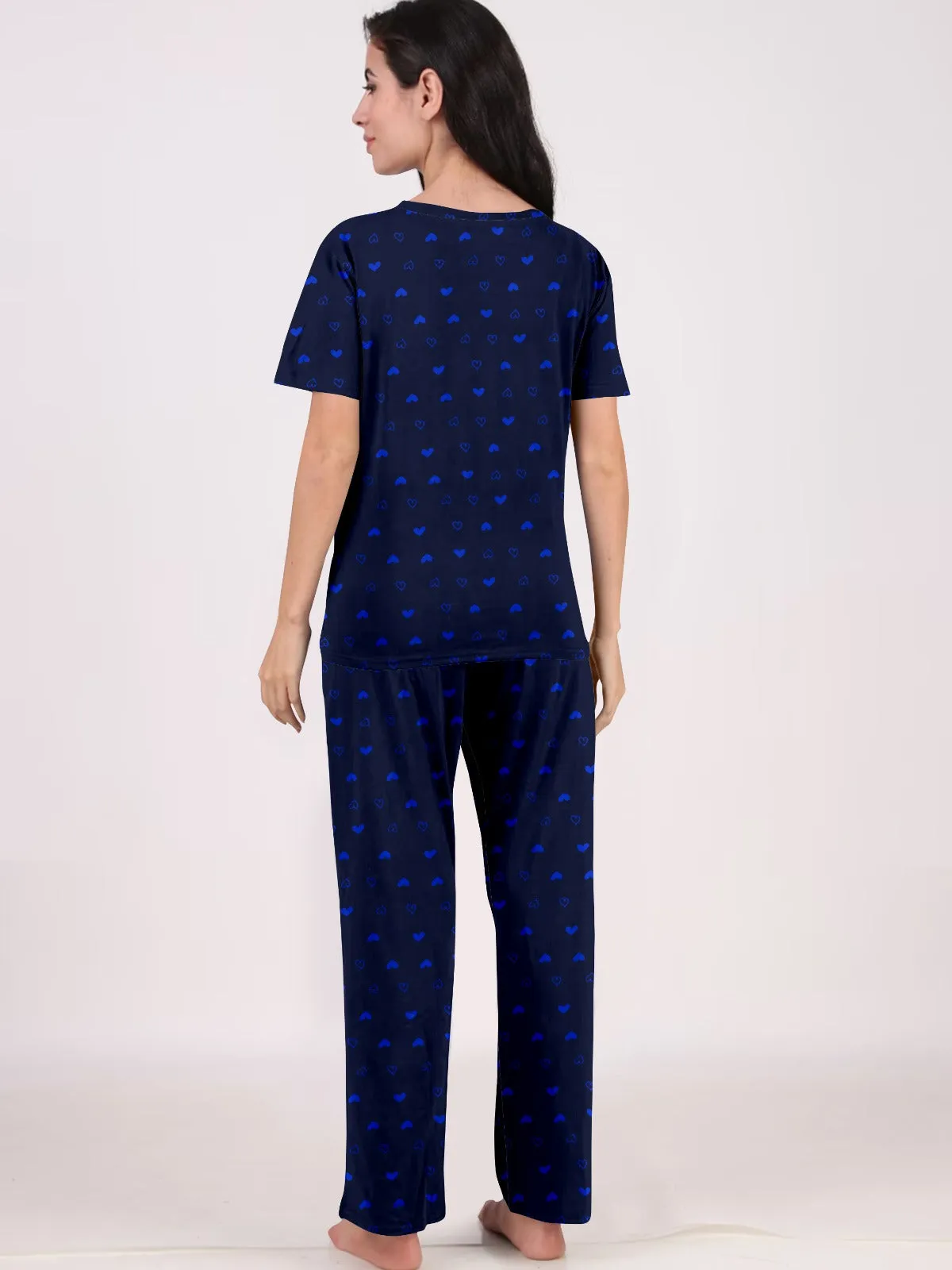 Women Night Suit Set Graphic Print (Navy Blue)