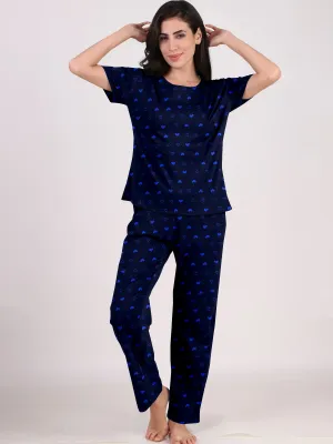 Women Night Suit Set Graphic Print (Navy Blue)